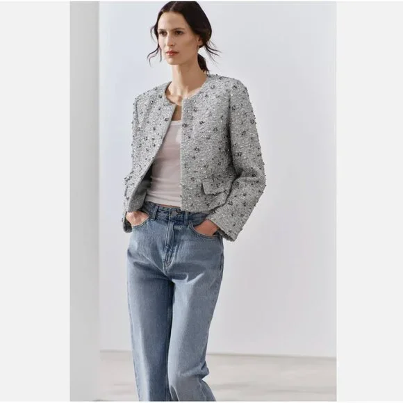 ZARA BLAZER SILVER SEQUINS JACKET WOMAN EMBROIDERED COAT Size S, M NWT